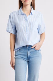 beachlunchlounge Corey Stripe Short Sleeve Cotton Blend Button-Up Shirt
