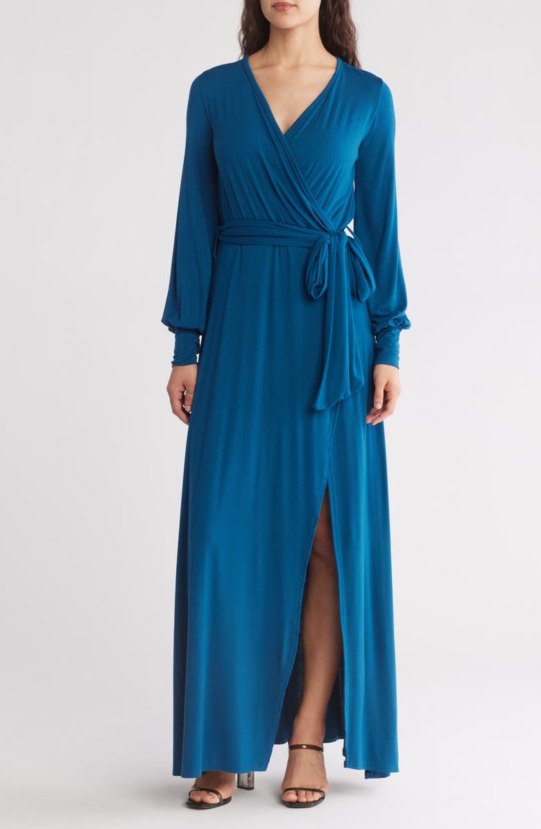 GO COUTURE Long Sleeve Maxi Wrap Dress, Main, color, Gibraltar Blue