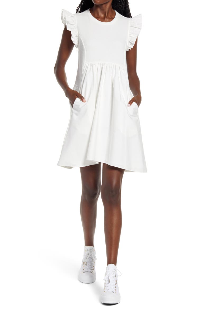 Mixed Media Ruffle Dress, Main, color, WHITE
