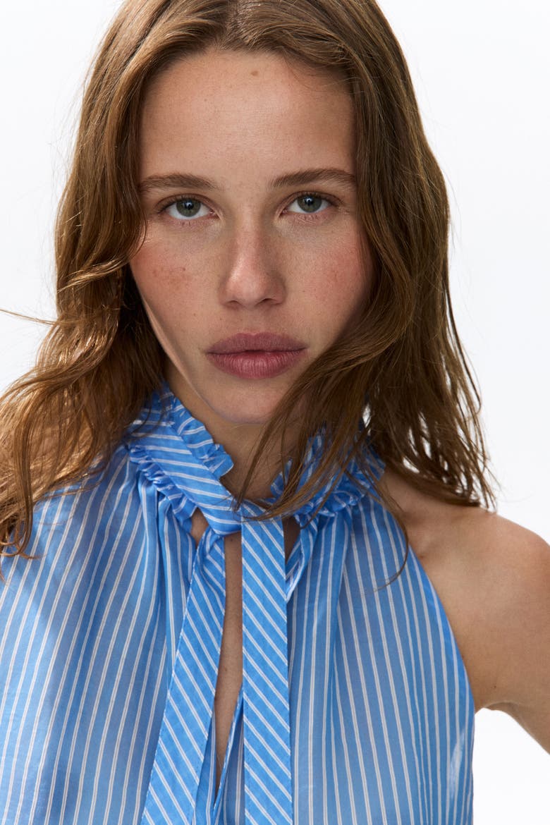 Ruffled Bow-collar Top, Alternate, color, Blue/striped