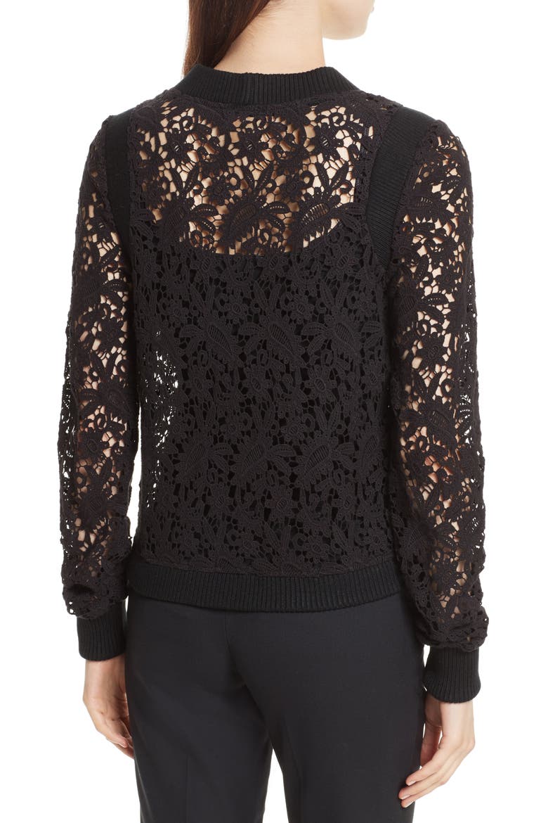Lace Zip Cardigan, Alternate, color, BLACK