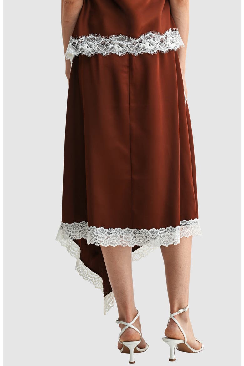Lace Trim Asymmetric Satin Midi Skirt, Alternate, color, BROWN CREAM