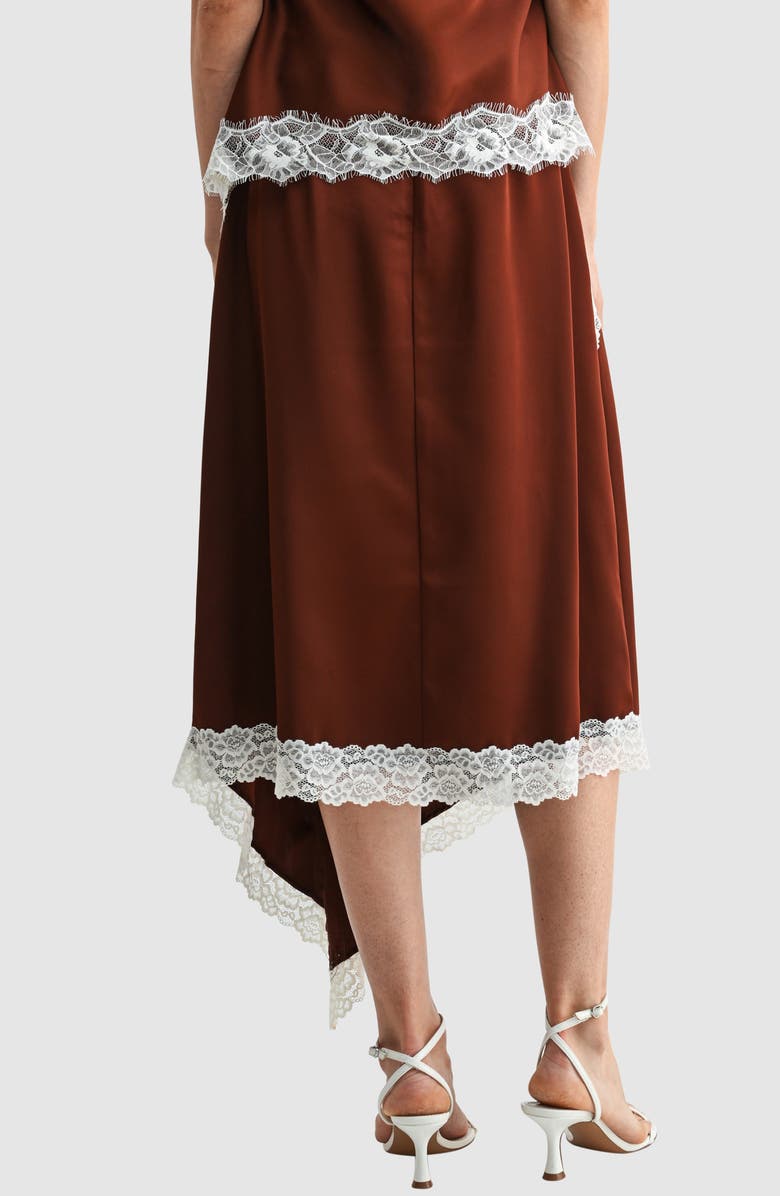 Lush Lace Trim Asymmetric Satin Midi Skirt, Alternate, color, Brown Cream