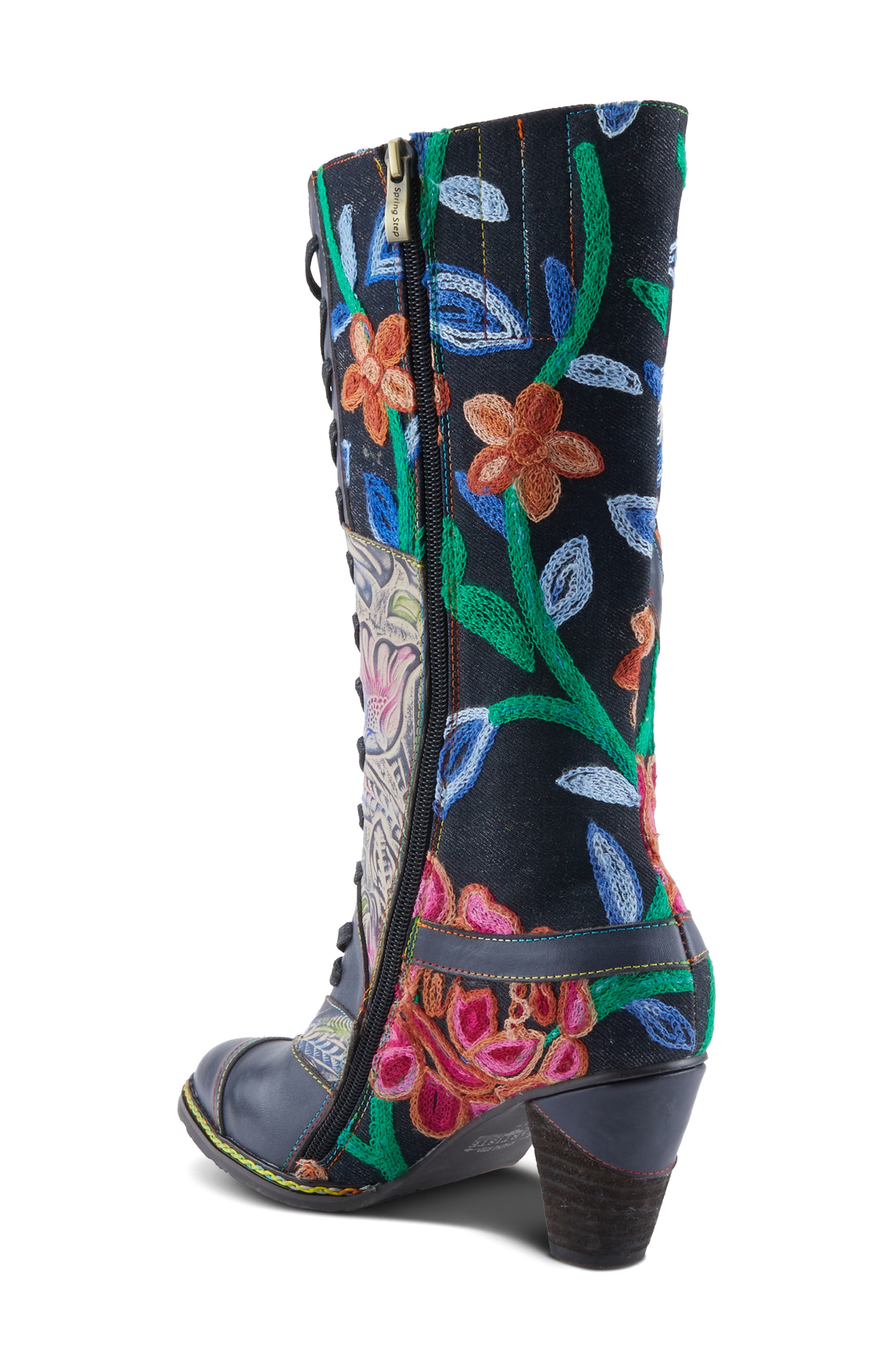L'Artiste by Spring Step Malagie Lace-Up Cap Toe Knee High Boot, Alternate, color, Navy Multi
