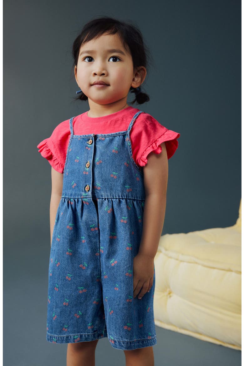 Kids' Cherry Denim Romper & T-Shirt Set, Alternate, color, BLUE