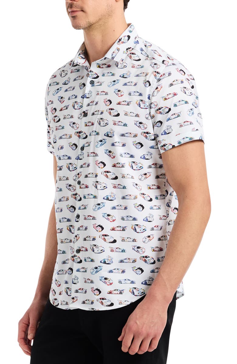 Robert Graham Neon Wheels Short Sleeve Cotton Button-Up Shirt, Alternate, color, White Multi
