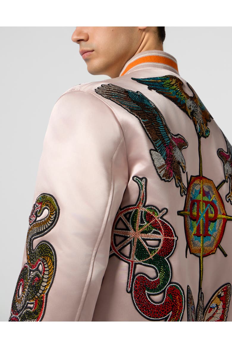 Shiny Satin Bomber Tattoo Patches Strass Men, Alternate, color, beige