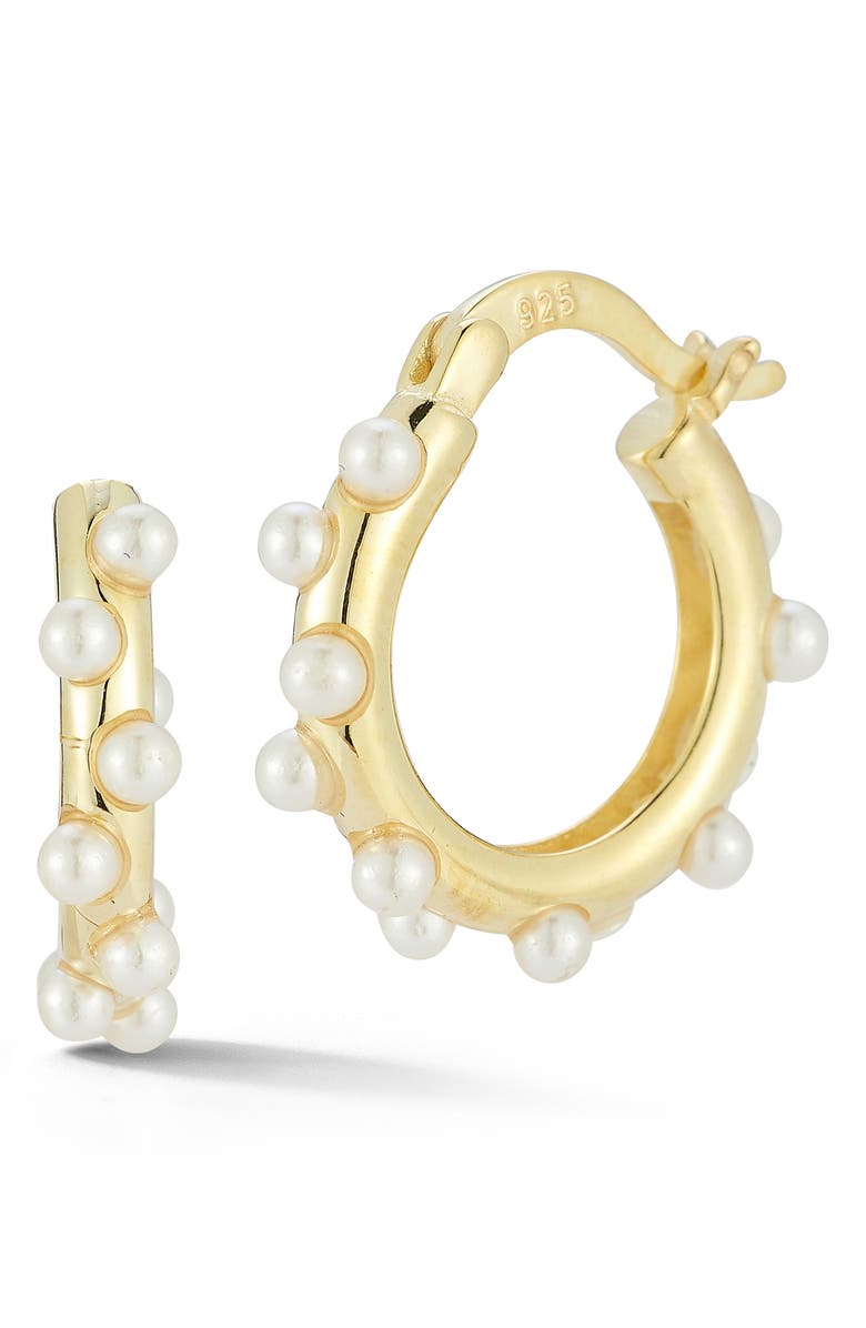 SPHERA MILANO 14K Gold Plated Sterling Silver 2.3mm Cultured Pearl Huggie Hoop Earrings, Main, color, 