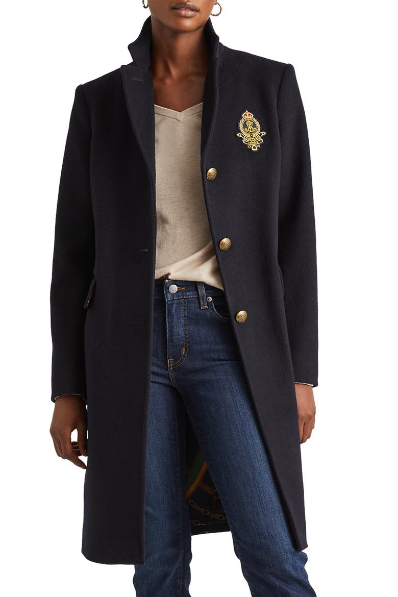 Crest Patch Wool Blend Coat, Main, color, REGAL NAVY