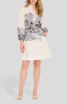 Belted Border Print Long Sleeve Dress