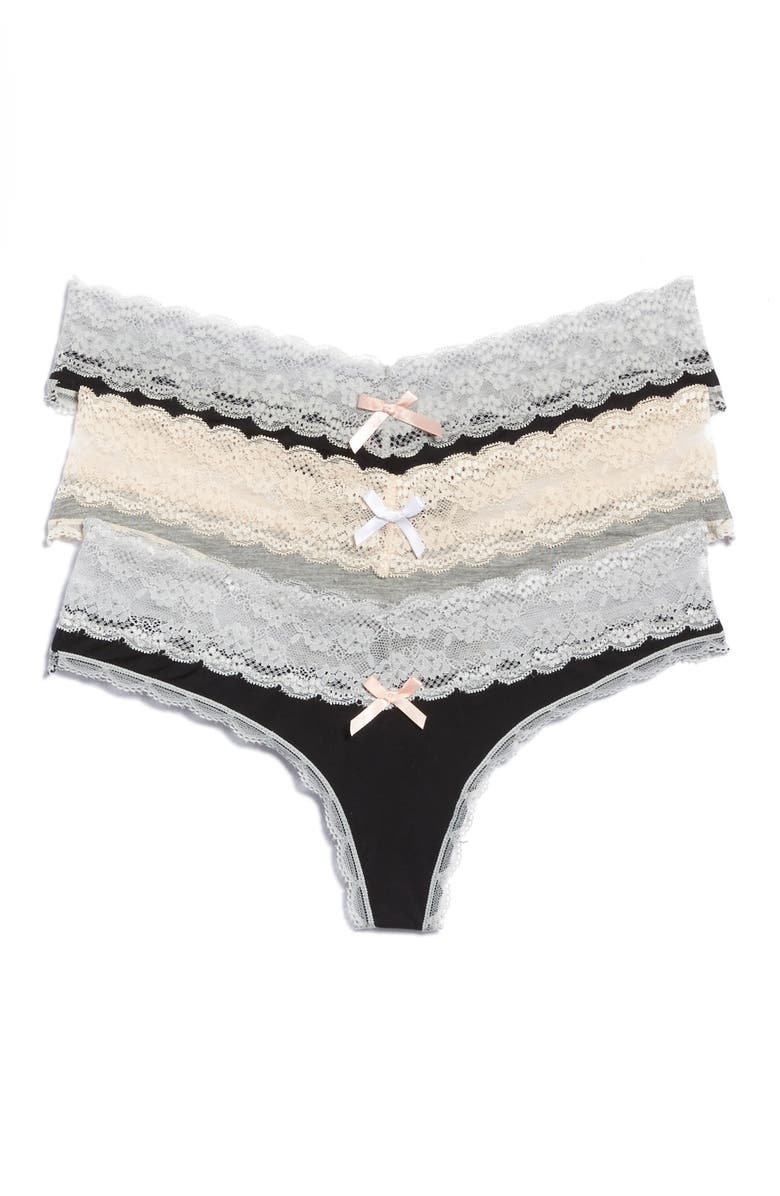 Honeydew Intimates 3-Pack Lace Thong, Main, color, Black Silver/Heather Grey Seas