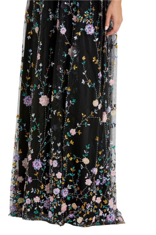 Mac Duggal Sequin Embroidery Tulle A-line Gown In Black Multi