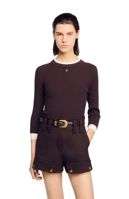 Sandro Womens Brown Brand-plaque Layered-trim Knitted Jumper In Burgundy