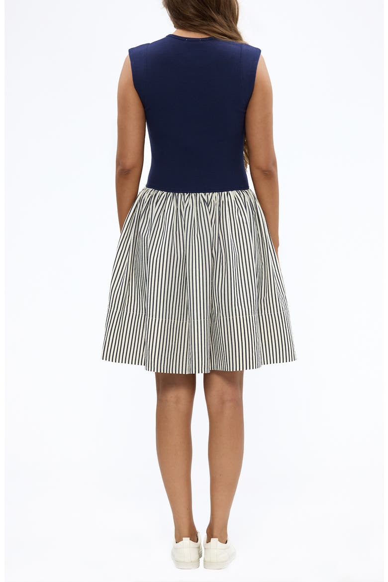 Daphne Mixed Media Drop Waist Dress, Alternate, color, OFF WHITE / NAVY STRIPE