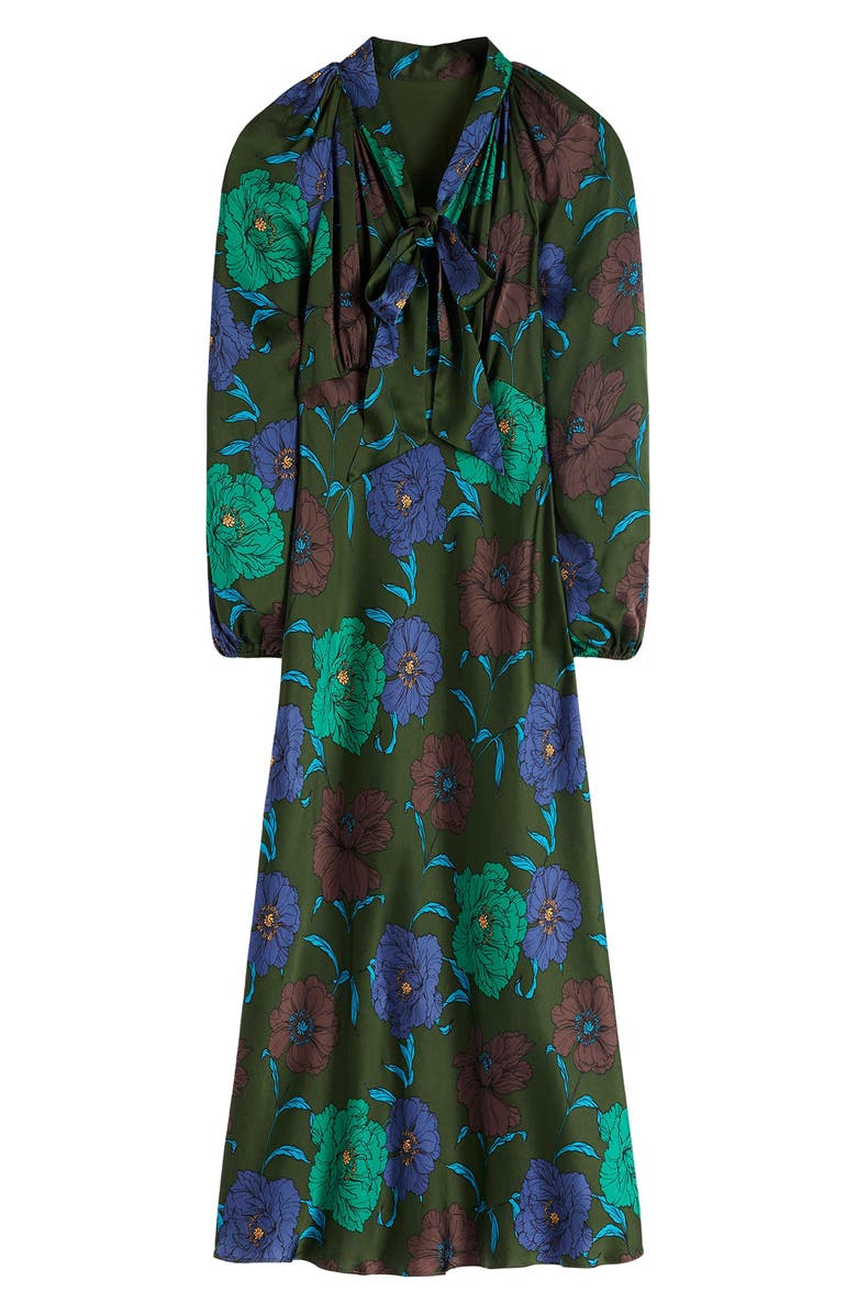 Boden Tie Neck Long Sleeve Satin Midi Dress, Alternate, color, Green Fir Peony Bloom