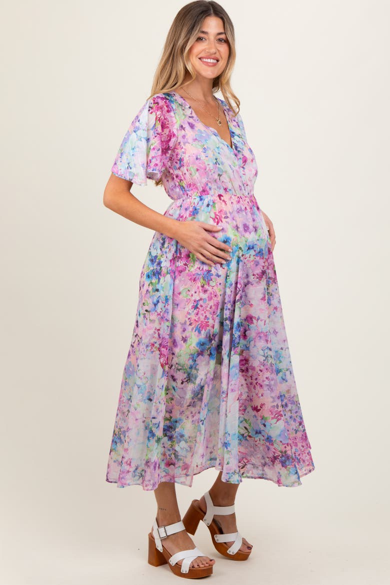 Watercolor Floral Flutter Sleeve Midi Dress, Alternate, color, Light Pink