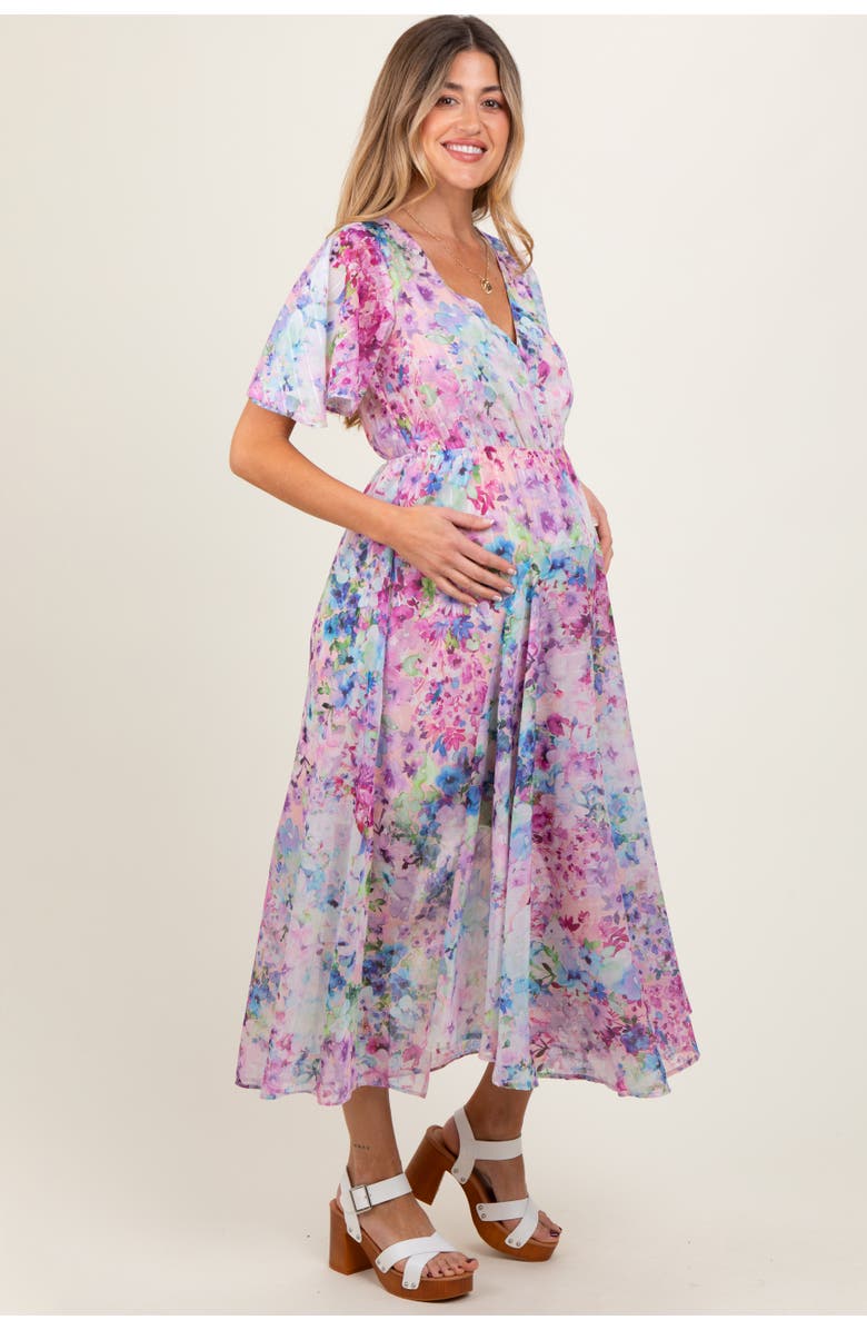 PinkBlush Watercolor Floral Flutter Sleeve Midi Dress, Alternate, color, Light Pink