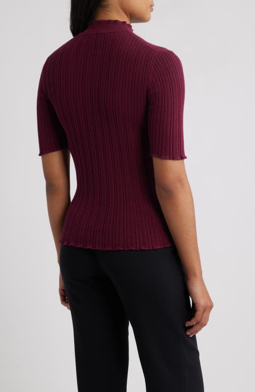 Anne Klein Mock Neck Short Sleeve Cotton Blend Sweater In Burgundy