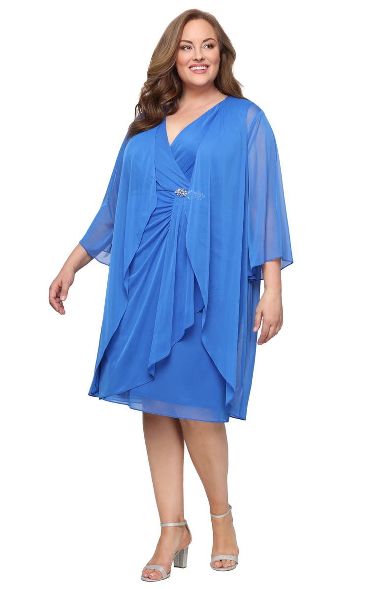 SL FASHIONS Faux Wrap Sheath Dress with Chiffon Jacket, Alternate, color, Mid Blue