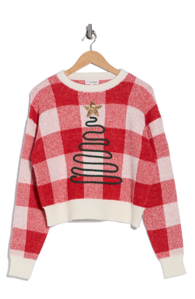 Vigoss Checkered Tree Sweater, Alternate, color, Red Combo