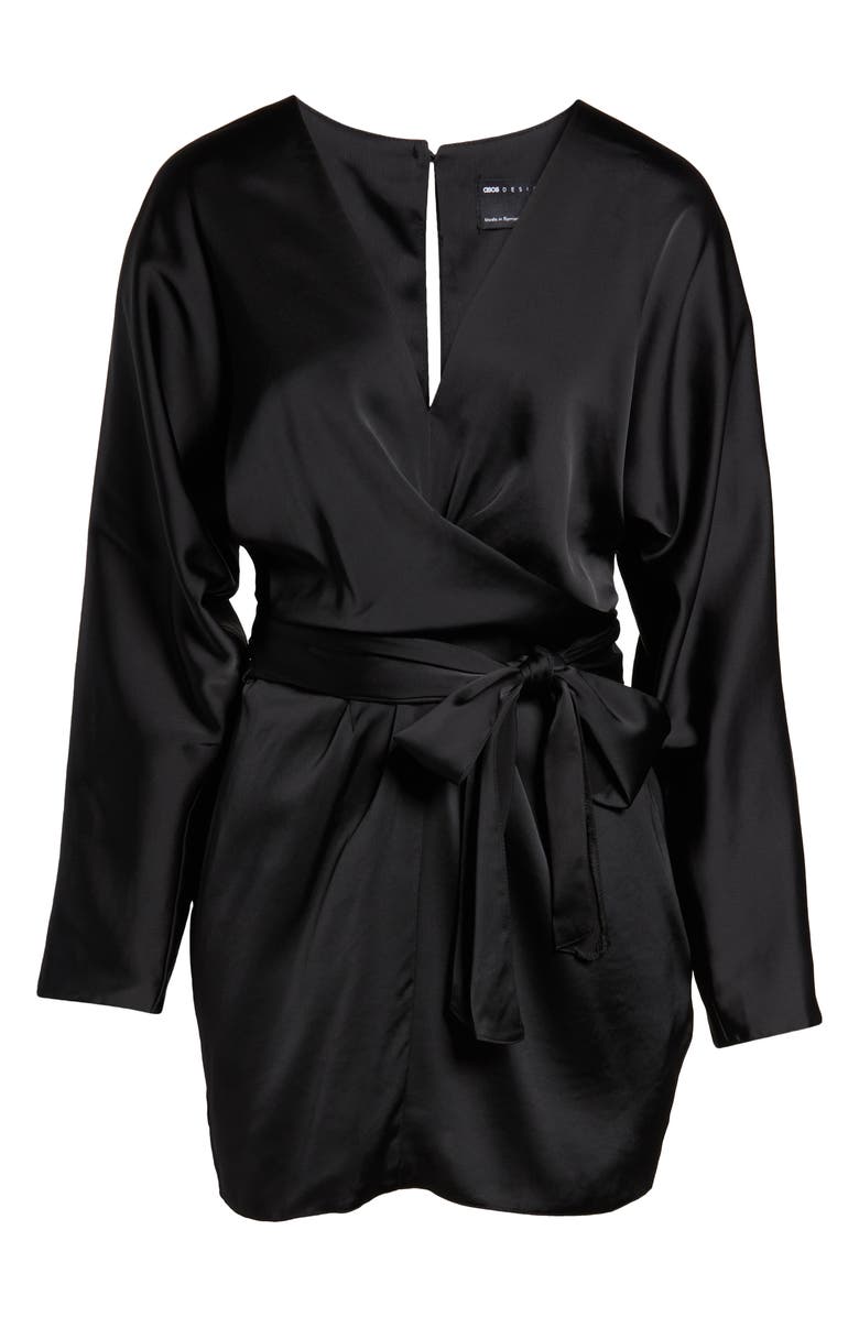 ASOS DESIGN Batwing Long Sleeve Faux Wrap Satin Minidress, Alternate, color, 