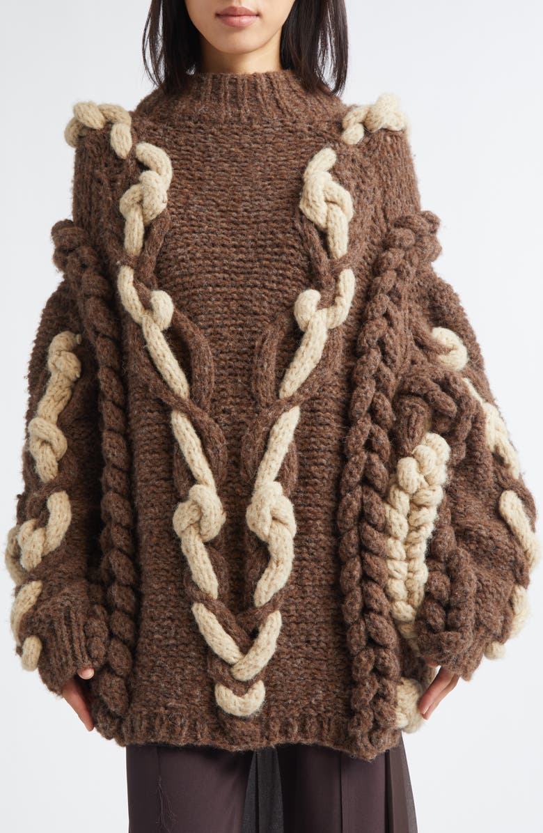 Meruert Tolegen Oversize Cable Knit Baby Alpaca & Merino Wool Blend Sweater, Main, color, Brown