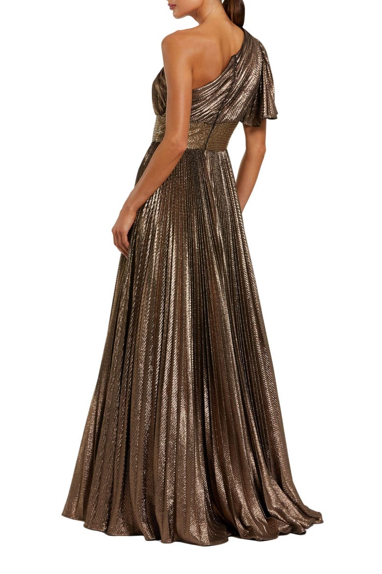 One Shoulder Pleated Metallic Ballgown, Alternate, color, Bronze