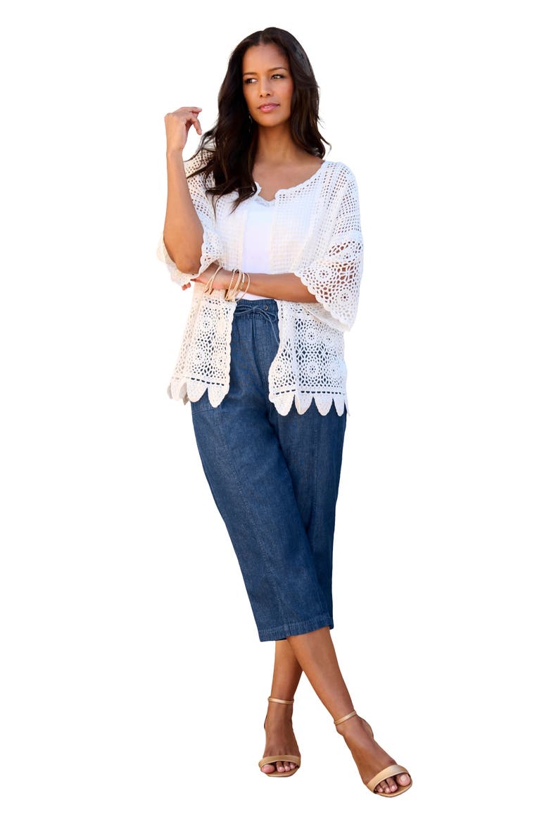 Plus Size Scallop Trim Crochet Cardigan, Main, color, WHITE