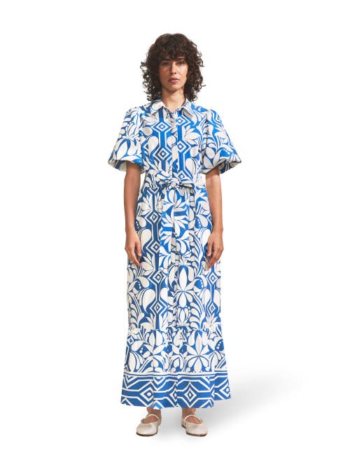 Ro&zo Blue Tile Printed Cotton Shirt Dress In Blue