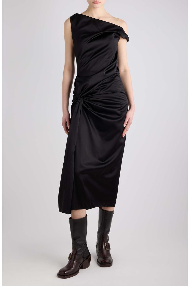 Dumas One-Shoulder Satin Midi Dress, Main, color, BLACK