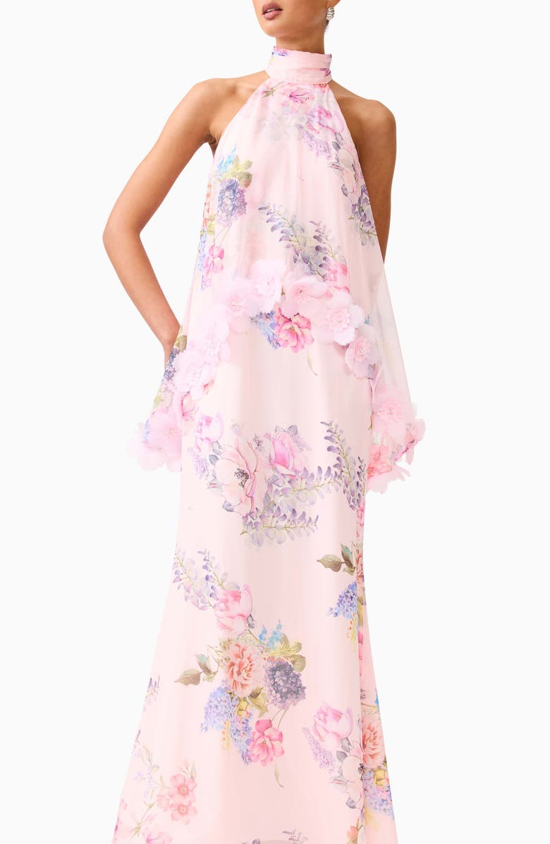 Elliatt Millie Floral Appliqué Tiered Halter Neck Gown, Alternate, color, Pink Multi