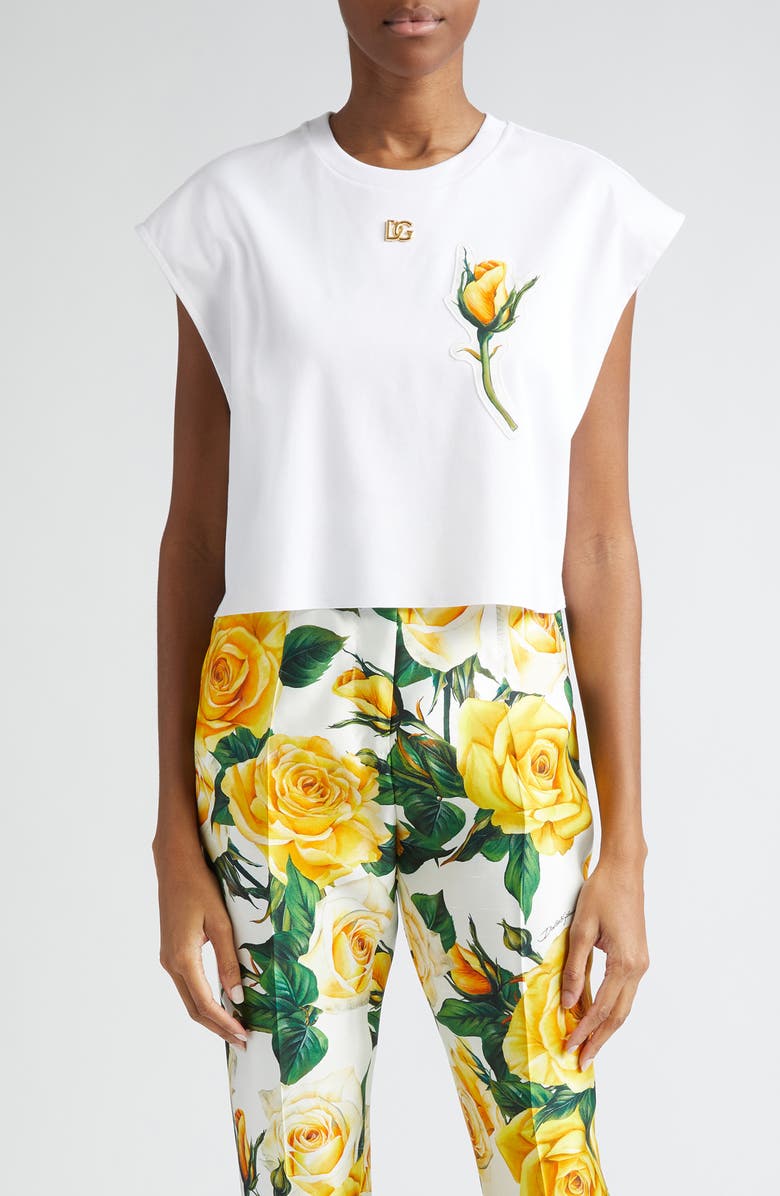 Dolce&Gabbana Rose Appliqué Crop Cotton T-Shirt, Main, color, 