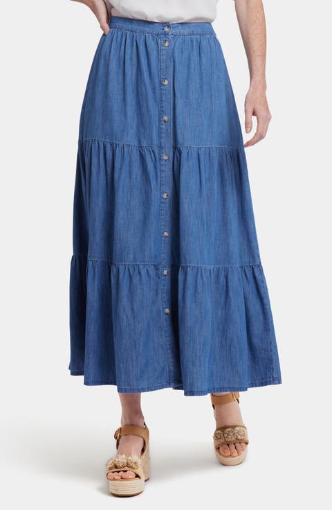 Tiered Denim Midi Skirt