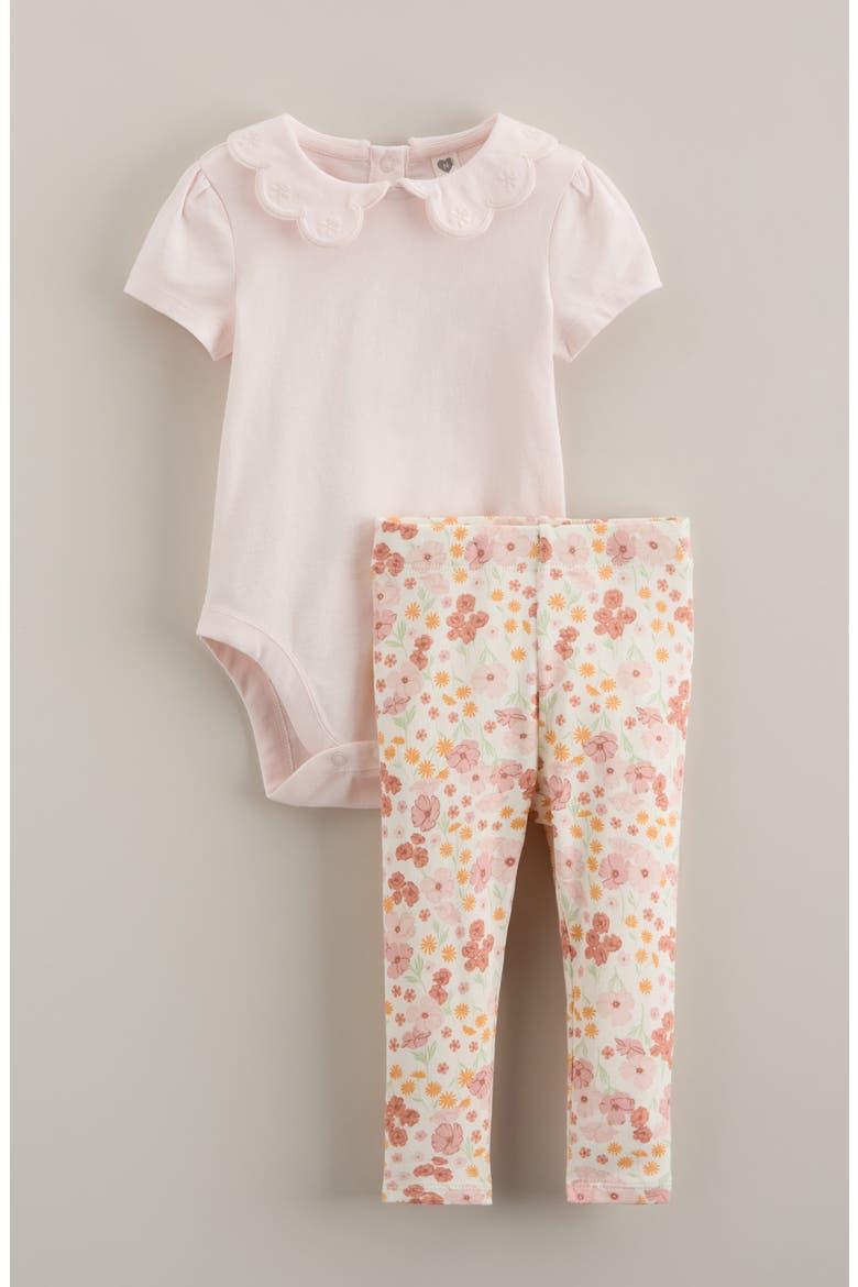 Ruffle Embroidered Collar Bodysuit & Leggings, Main, color, IVORY POPPY GARDEN- PINK