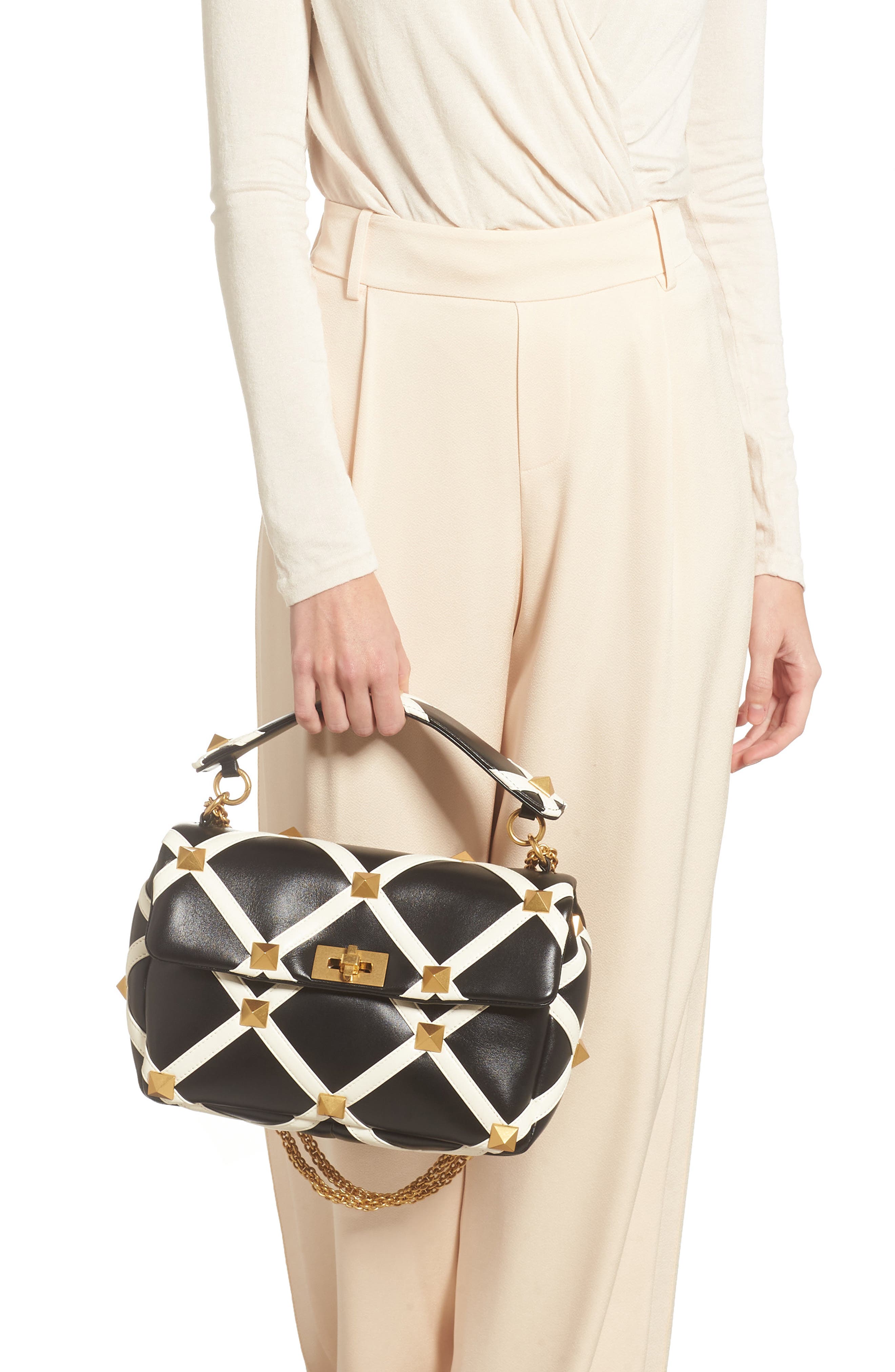 Valentino Garavani Large Roman Stud Inlay Leather Shoulder Bag, Alternate, color, 