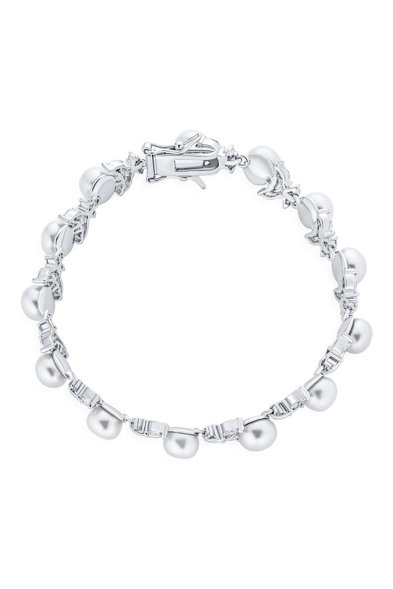 Bridal Flowers 6mm Cultured Freshwater Pearl & Cubic Zirconia Bracelet, Alternate, color, SILVER LEAF/ SMALL PEARL