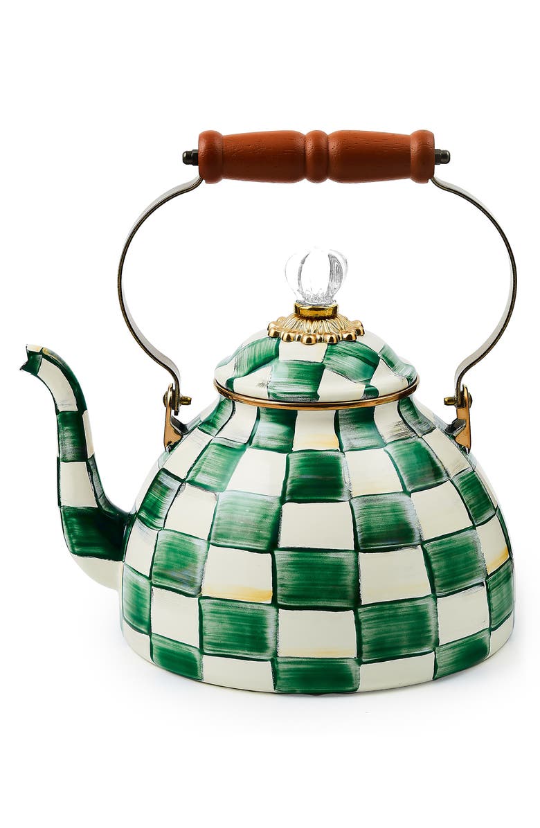 MACKENZIE CHILDS Emerald Check Enameled Steel 3-Quart Tea Kettle, Main, color, Emerald