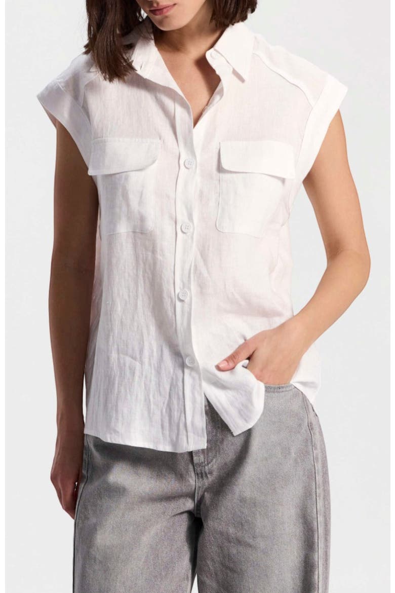 Short-Sleeve Linen Button-Up Shirt, Main, color, White