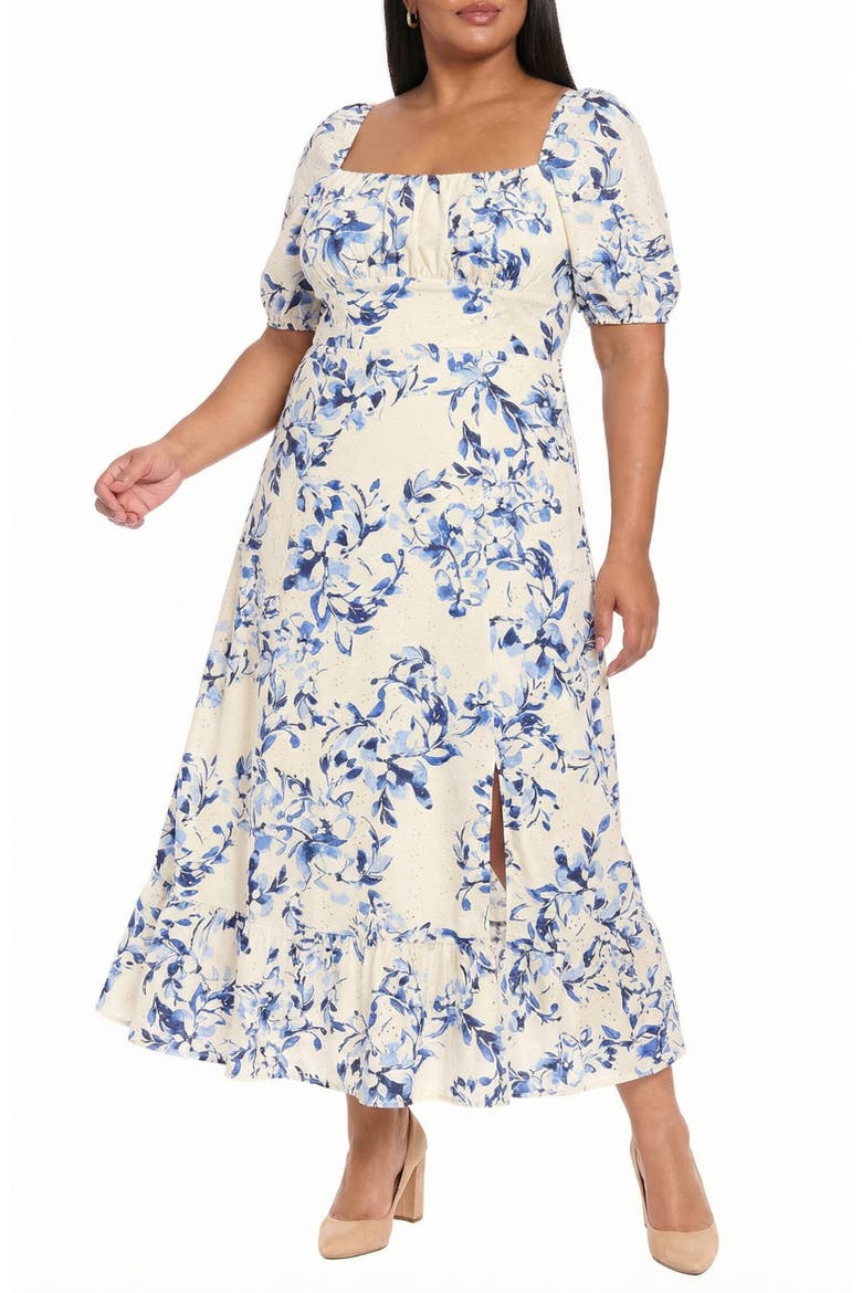 Floral Puff Sleeve Empire Waist Midi Dress, Alternate, color, IVORY / DEEP BLUE