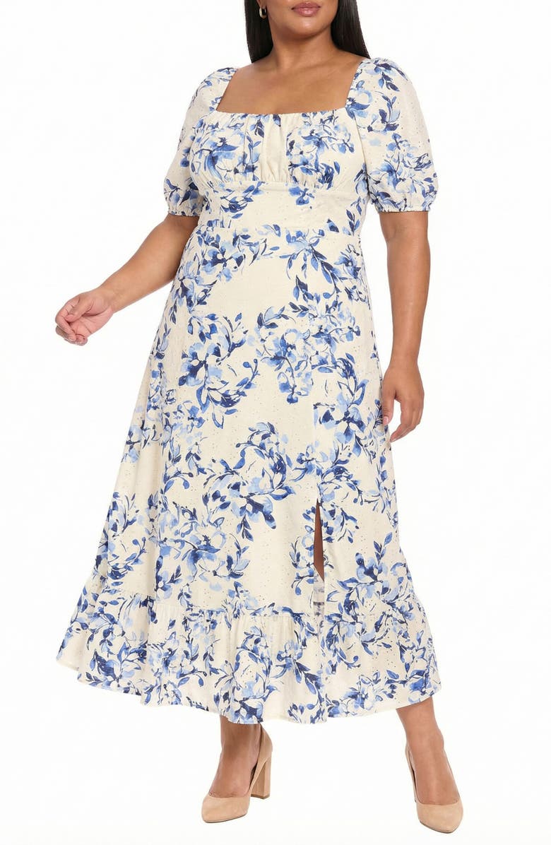 London Times Floral Puff Sleeve Empire Waist Midi Dress, Alternate, color, Ivory / Deep Blue