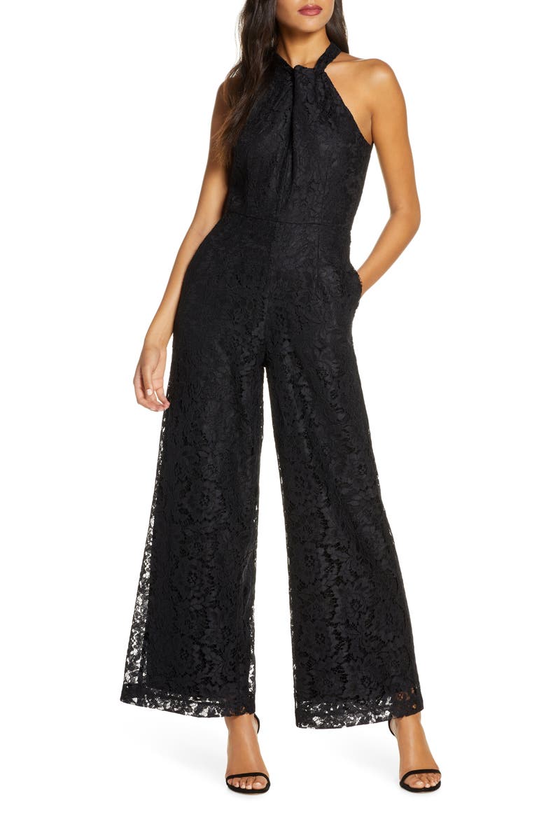 Wide Leg Lace Halter Jumpsuit, Main, color, BLACK