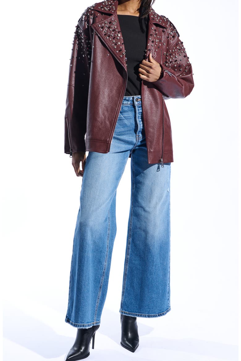 Crystal Studded Oversize Faux Leather Moto Jacket, Alternate, color, BURGUNDY
