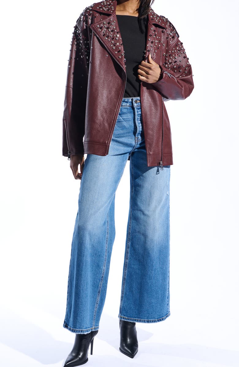 AZALEA WANG Crystal Studded Oversize Faux Leather Moto Jacket, Alternate, color, Burgundy