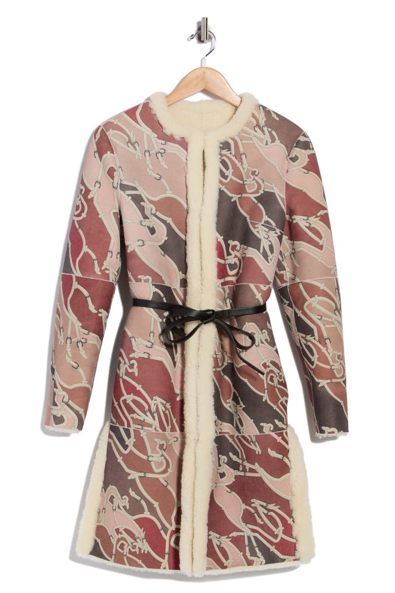 Belted Genuine Shearling Coat, Alternate, color, BURGUNDY