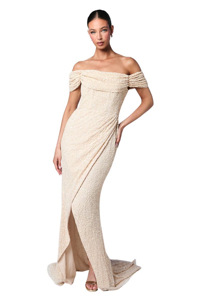 Sequin Bardot Maxi Bridesmaid Dress, Main, color, Champagne