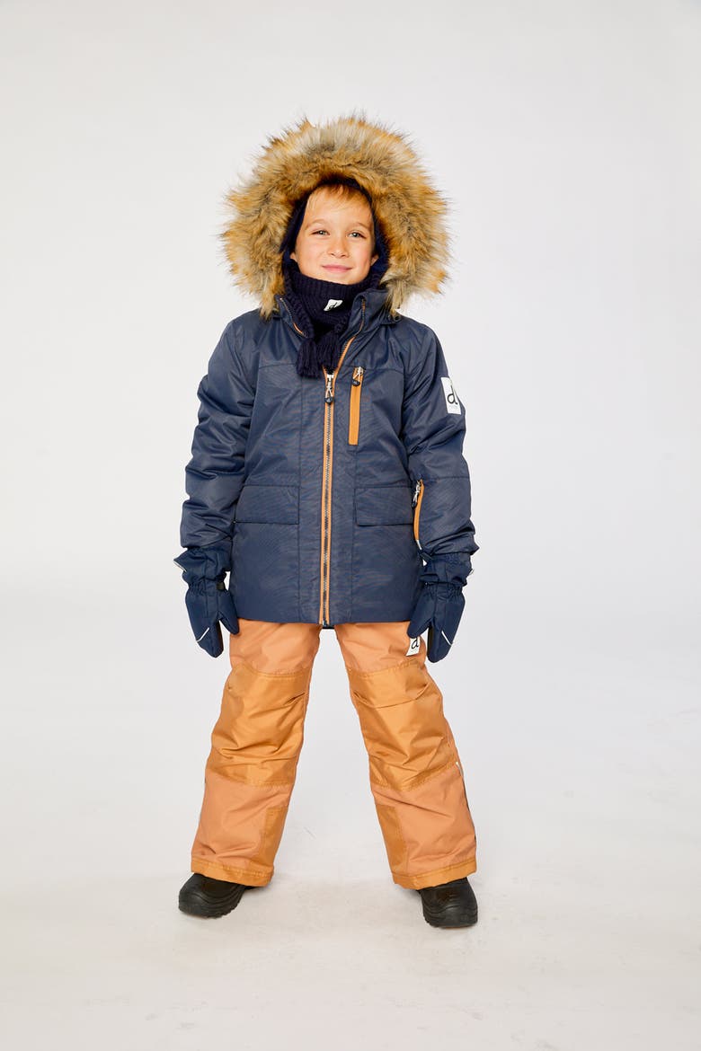 Play Faux Fur Hood Jacket & Pants Two Piece Snowsuit, Alternate, color, Navy Blue and Brown