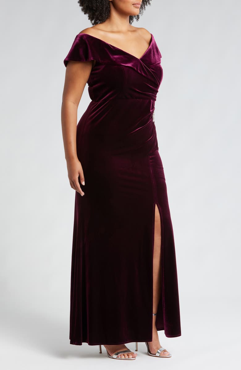 Alex Evenings Off the Shoulder Velvet Gown, Alternate, color,