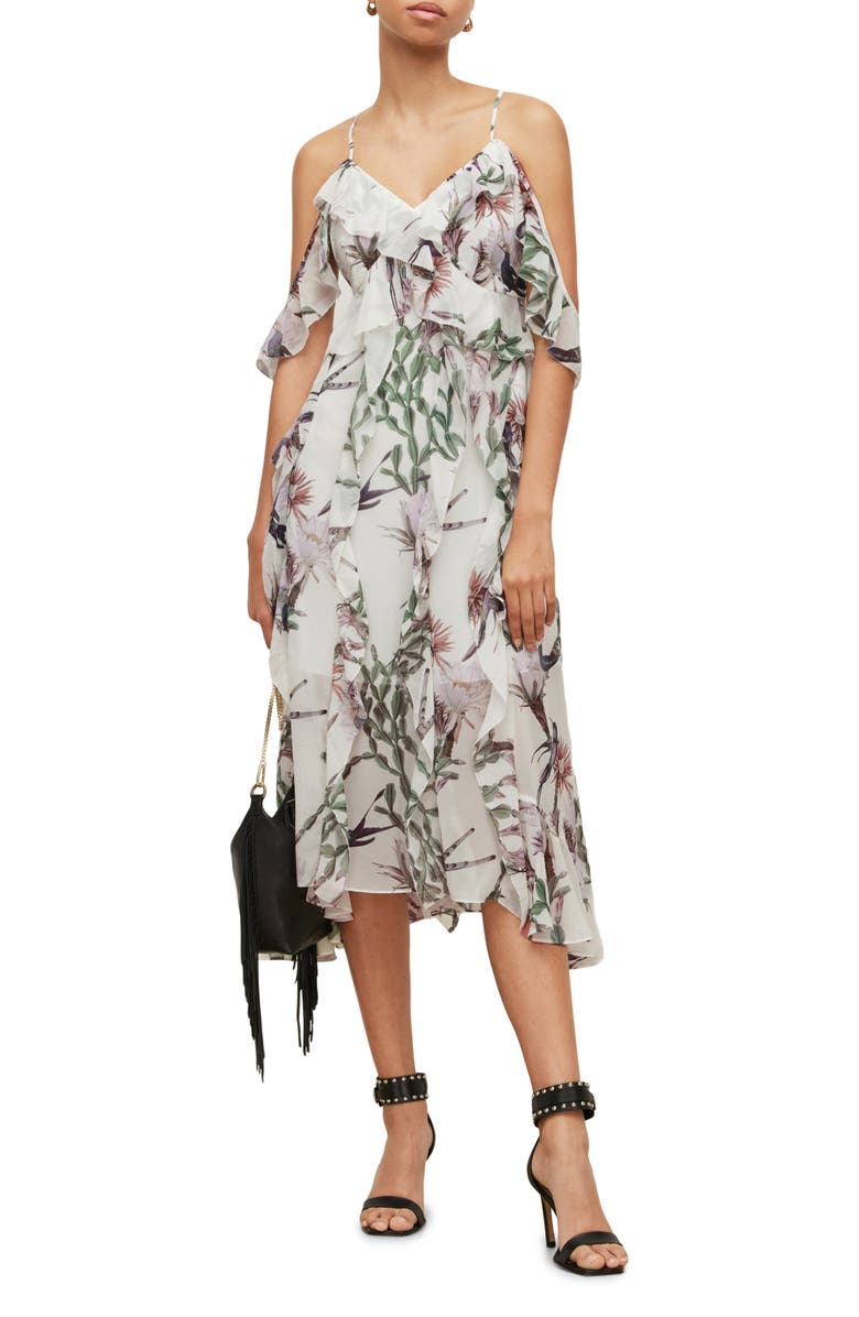 AllSaints Fali Senja Floral Print Ruffle Midi Dress, Main, color,