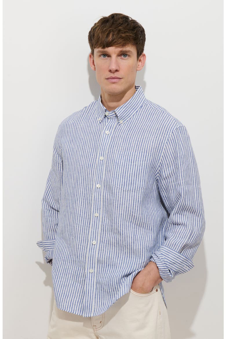 Mill Stripe Linen Button-Down Shirt, Alternate, color, BLUE / WHITE