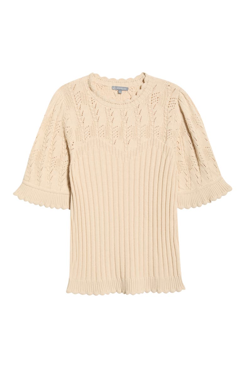 Frill Sleeve Mixed Stitch Cotton Blend Sweater, Alternate, color, DEEP MACADAMIA